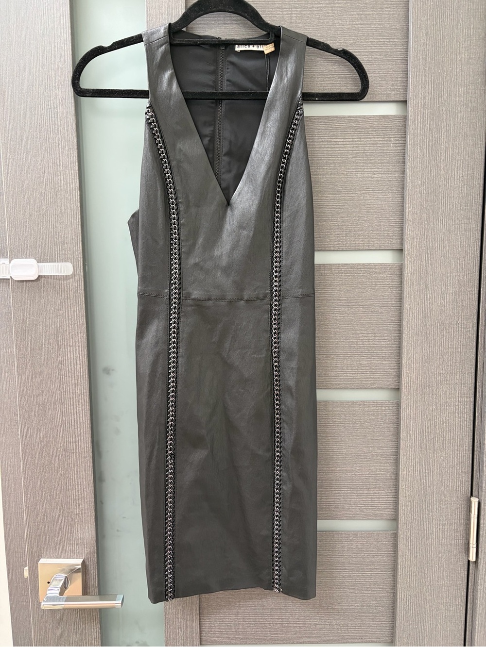 Alice + Olivia Black 100% Lamb  Leather V-Neck Chain-Trim  Dress